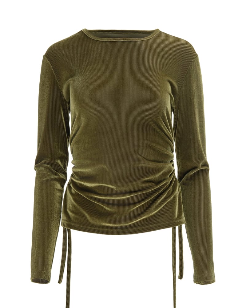 Front of a size 1X Velvet Ruched Top in Green by Hilary MacMillan. | dia_product_style_image_id:316486